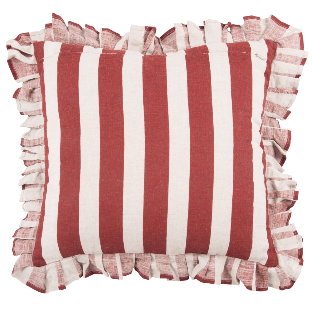 Gestreiftes Kissen aus Leinen mit Volants, bordeauxrot und beige