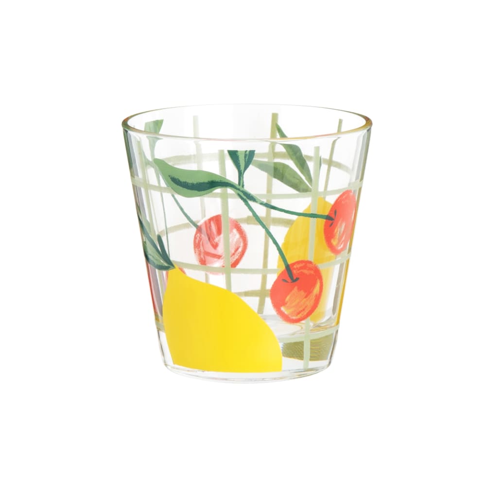 Gobelet en verre transparent motifs cerises rouges et citrons jaunes