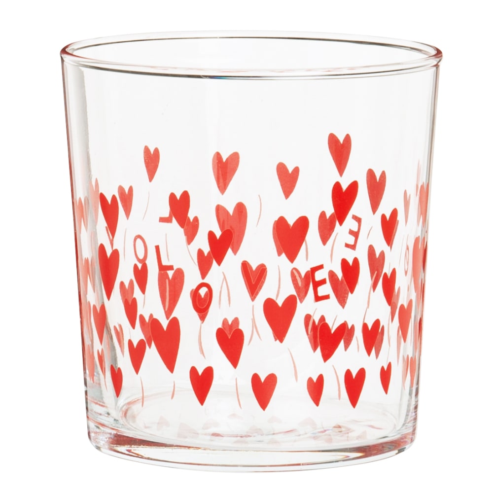 Gobelet en verre transparent motifs cœurs rouges
