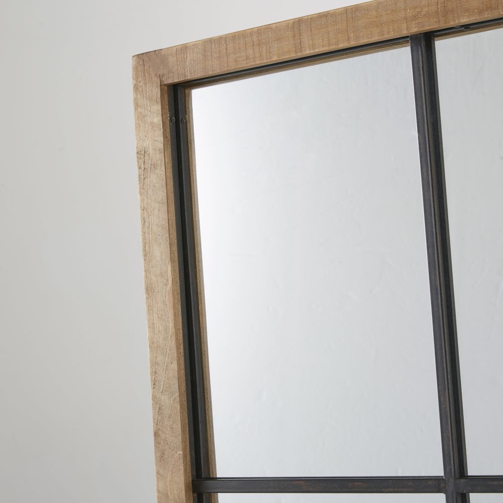 Großer rechteckiger Fensterspiegel aus Kiefernholz und Aluminium