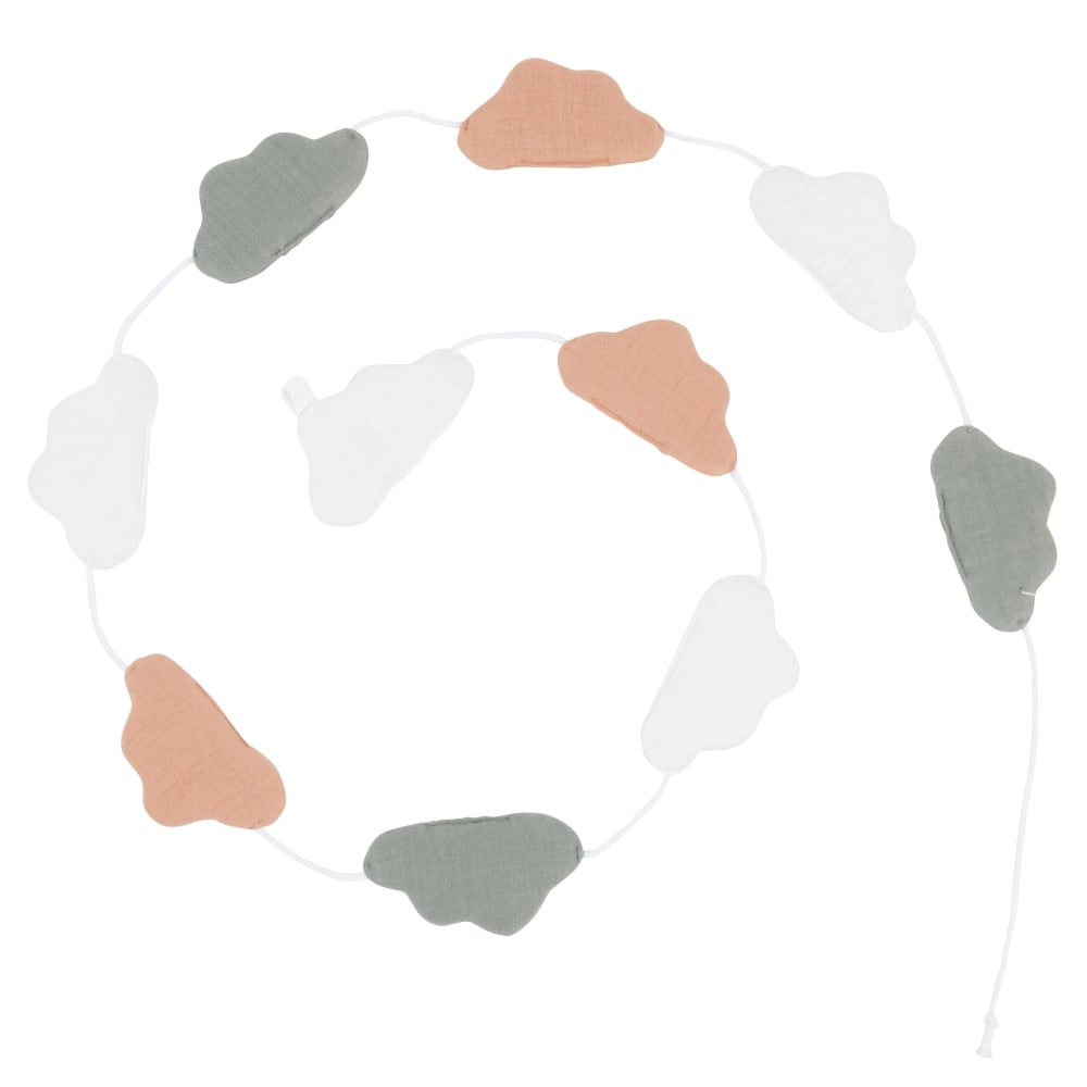 Guirlande en coton biologique nuages et oiseaux blancs, beiges et verts L140