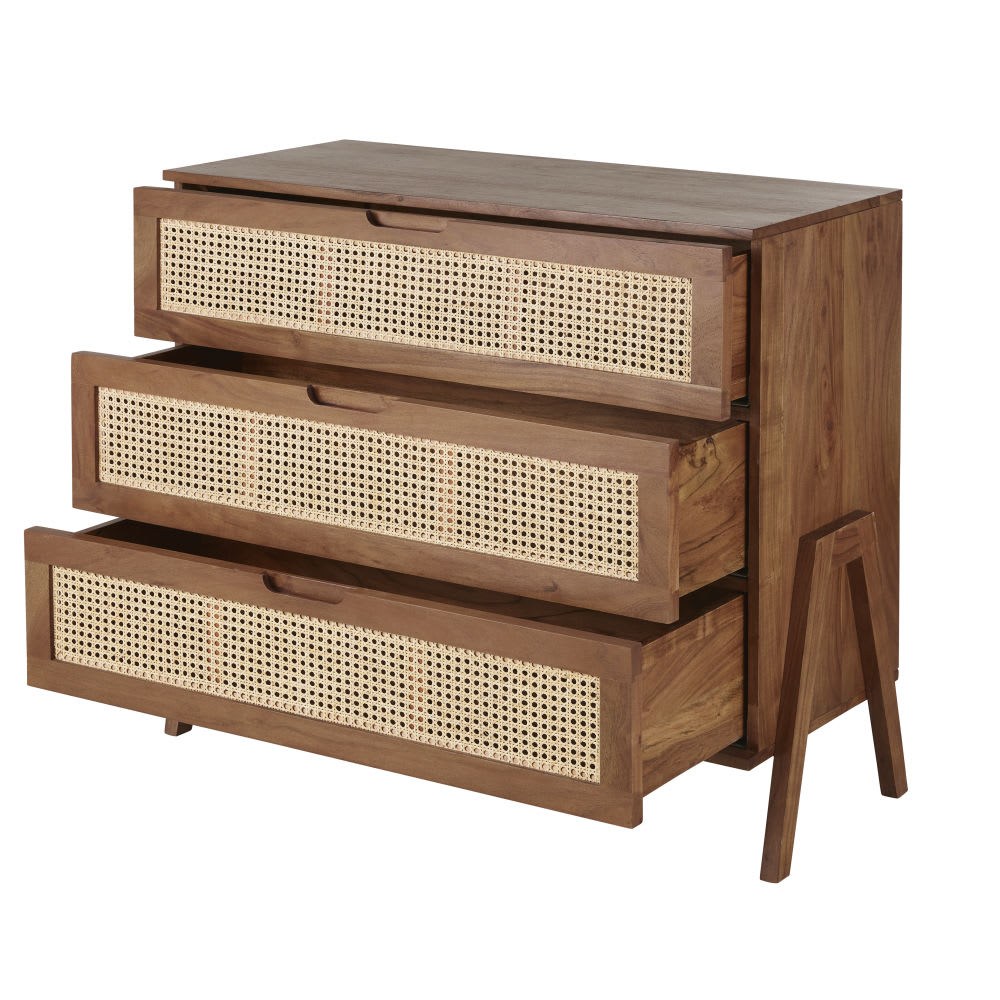 Hohe Kommode mit 3 Schubladen, Rattanflechtung, L100 - Maisons Du