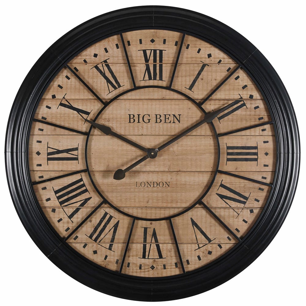 Horloge murale en sapin et acier noir D100