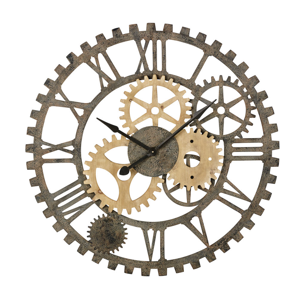 Horloge murale rouages en sapin et acier noir, D100 cm