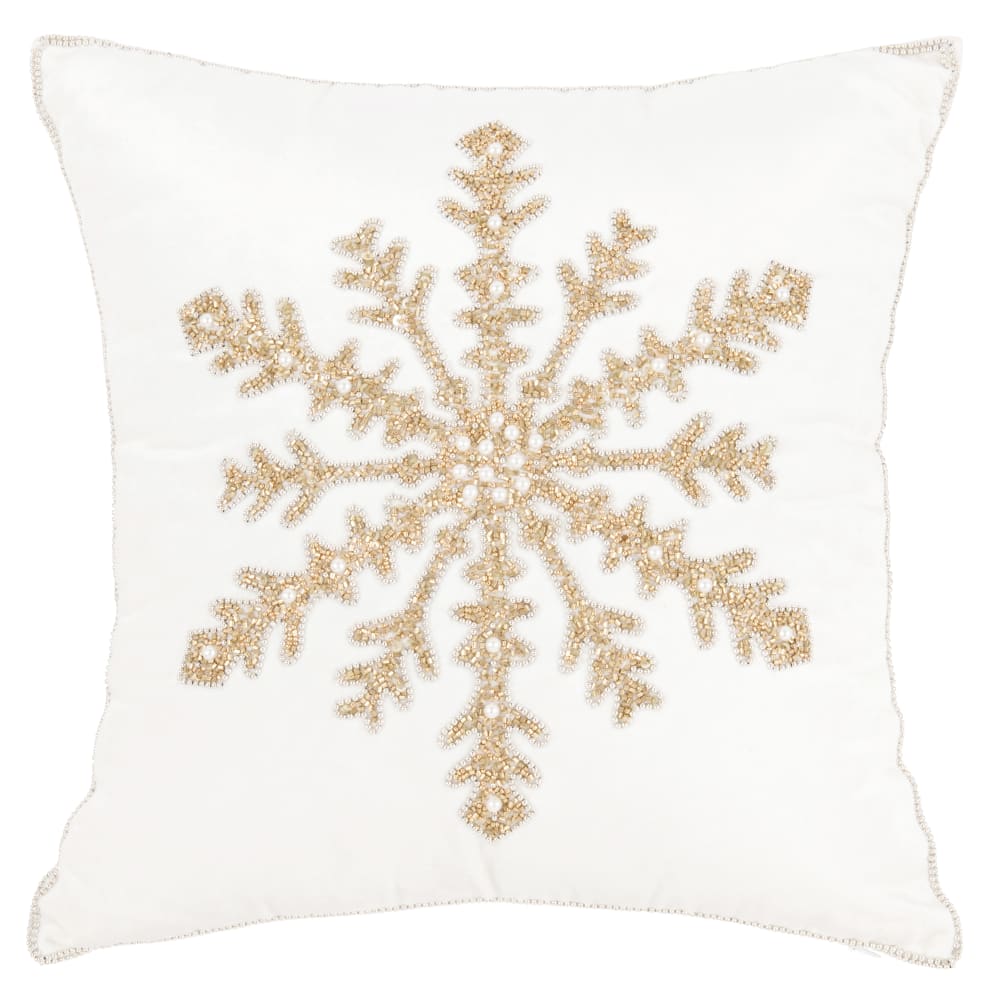 Housse de coussin blanche et flocon en perles dorées brodées 40x40
