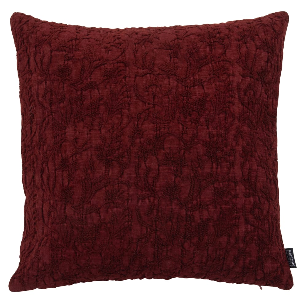 Housse de coussin bordeaux motif floral tissé jacquard 40x40