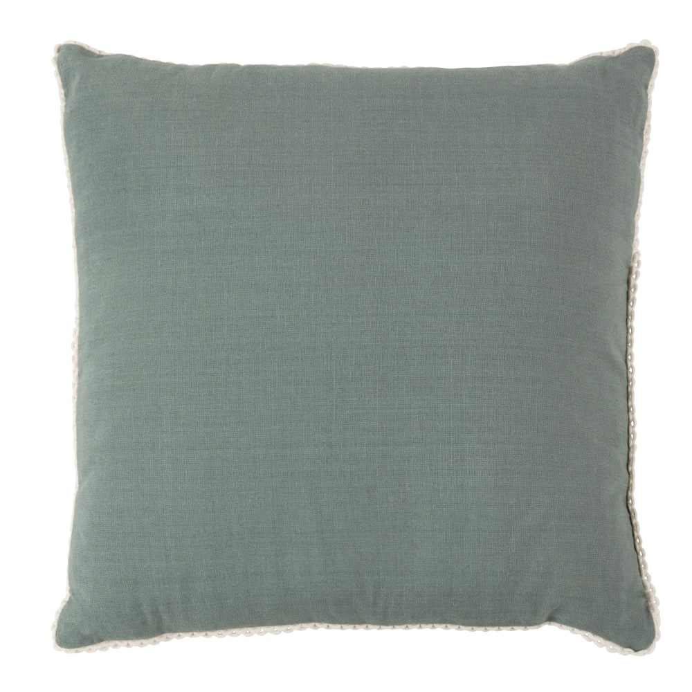 Housse de coussin en coton biologique bleu gris et bordure dentelle écrue 40x40