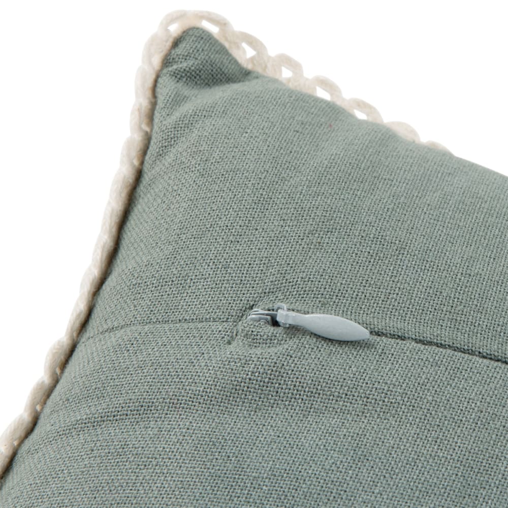 Housse de coussin en coton biologique bleu gris et bordure dentelle écrue 40x40 — vue 4