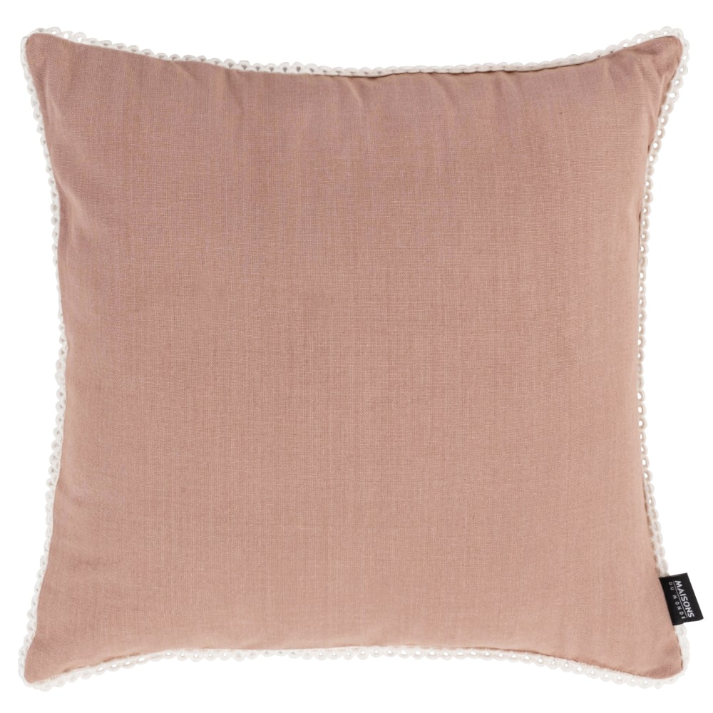 Housse de coussin en coton biologique rose bordure dentelle écrue 40x40