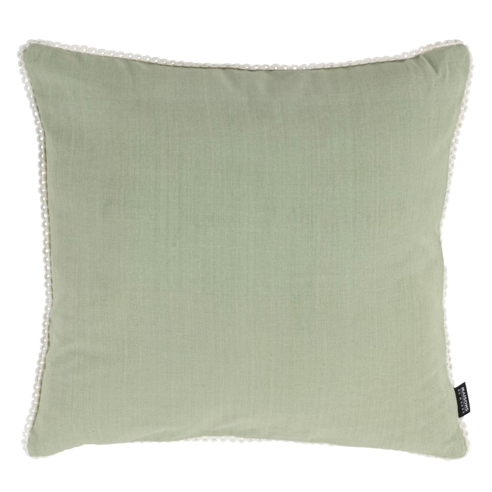 Housse de coussin en coton biologique vert sauge bordure dentelle écrue 40x40
