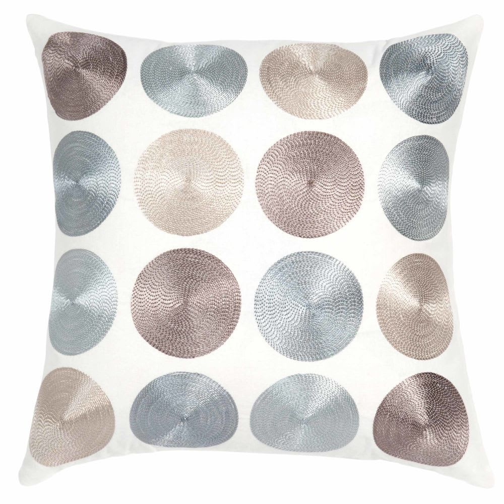 Housse de coussin en coton blanc avec ronds beige et bleu brodés 40x40 — Beyit