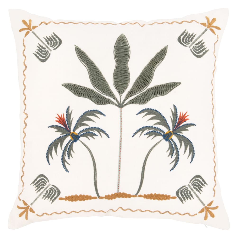 Housse de coussin en coton brodé motif exotique écru imprimé 40x40