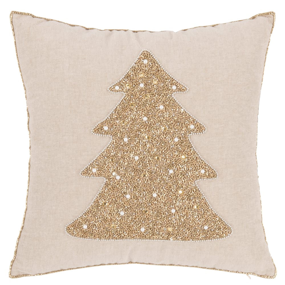 Housse de coussin en coton et sapin en perles dorées brodées 40x40
