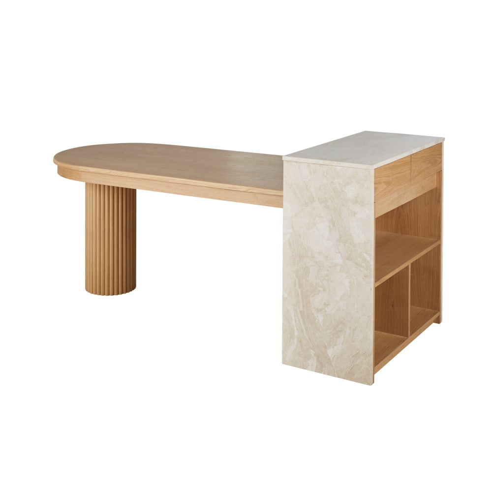 Îlot central cuisine 2 tiroirs, 1 étagère et 2 niches pied en marbre blanc - Maisons du Monde