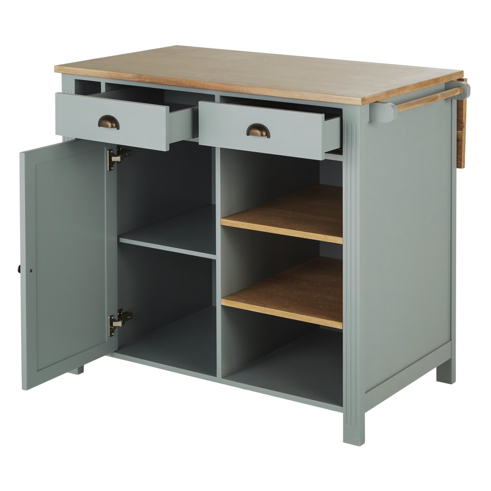 Îlot central cuisine 2 tiroirs, 1 porte, 1 étagère et 6 niches vert d'eau et beige