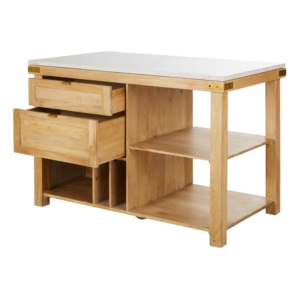 Îlot central cuisine 2 tiroirs 3 niches et plateau en pierre effet terrazzo - Maisons du Monde