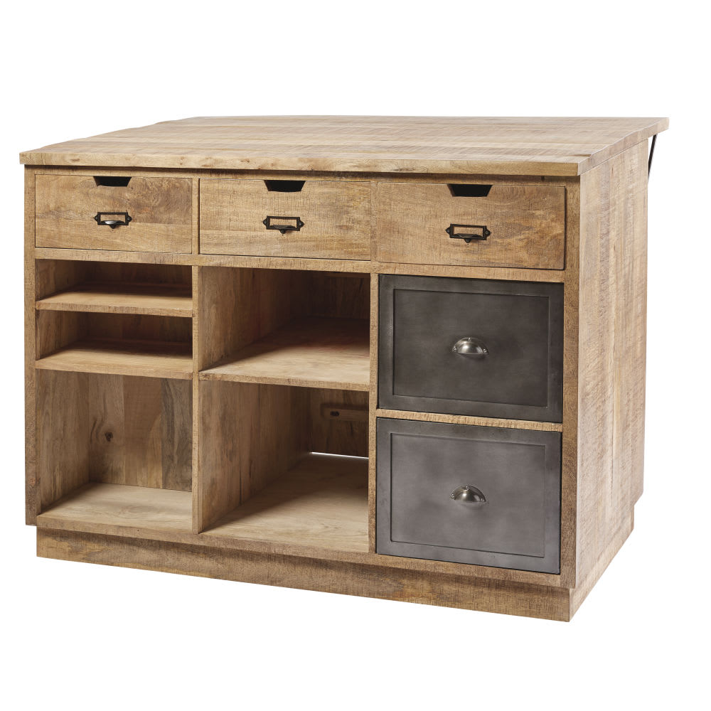 Îlot central cuisine en manguier massif et métal gris - Maisons du Monde