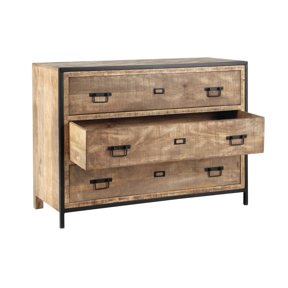 Industrielle Kommode aus massivem Mangoholz und Metall, L110 -