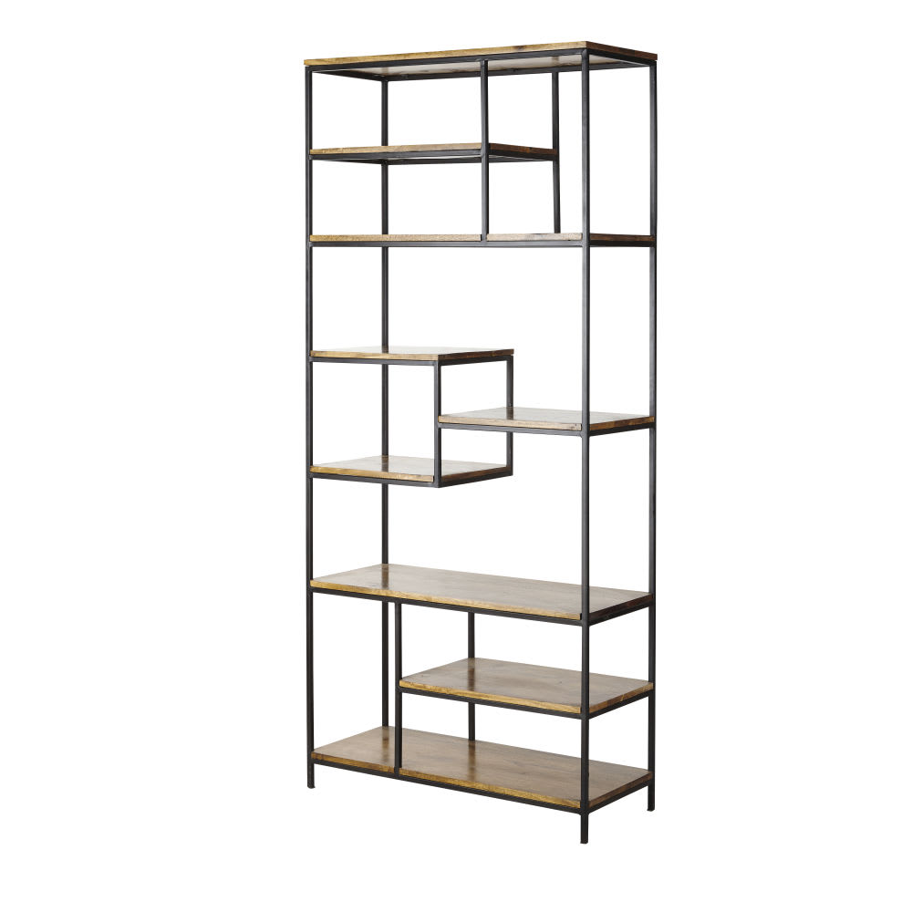 Industrieregal aus mattschwarzem Stahl und Mangoholz, 85 cm -