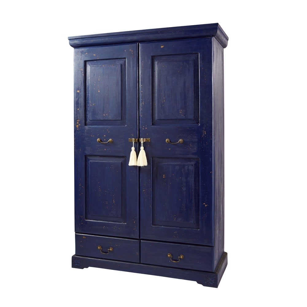Kleiderschrank mit 2 Türen und 2 Schubladen aus massivem, blauem
