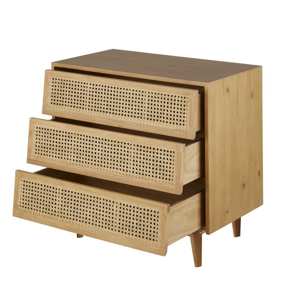 Kommode mit 3 Schubladen und Rattanbespannung, L80 - Maisons Du
