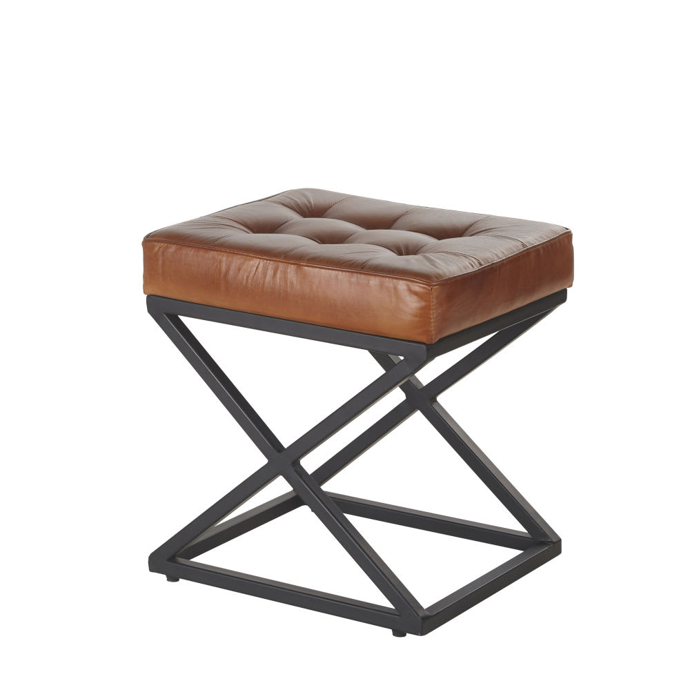 Kruk van bruin leer en zwart staal - Maisons Du Monde