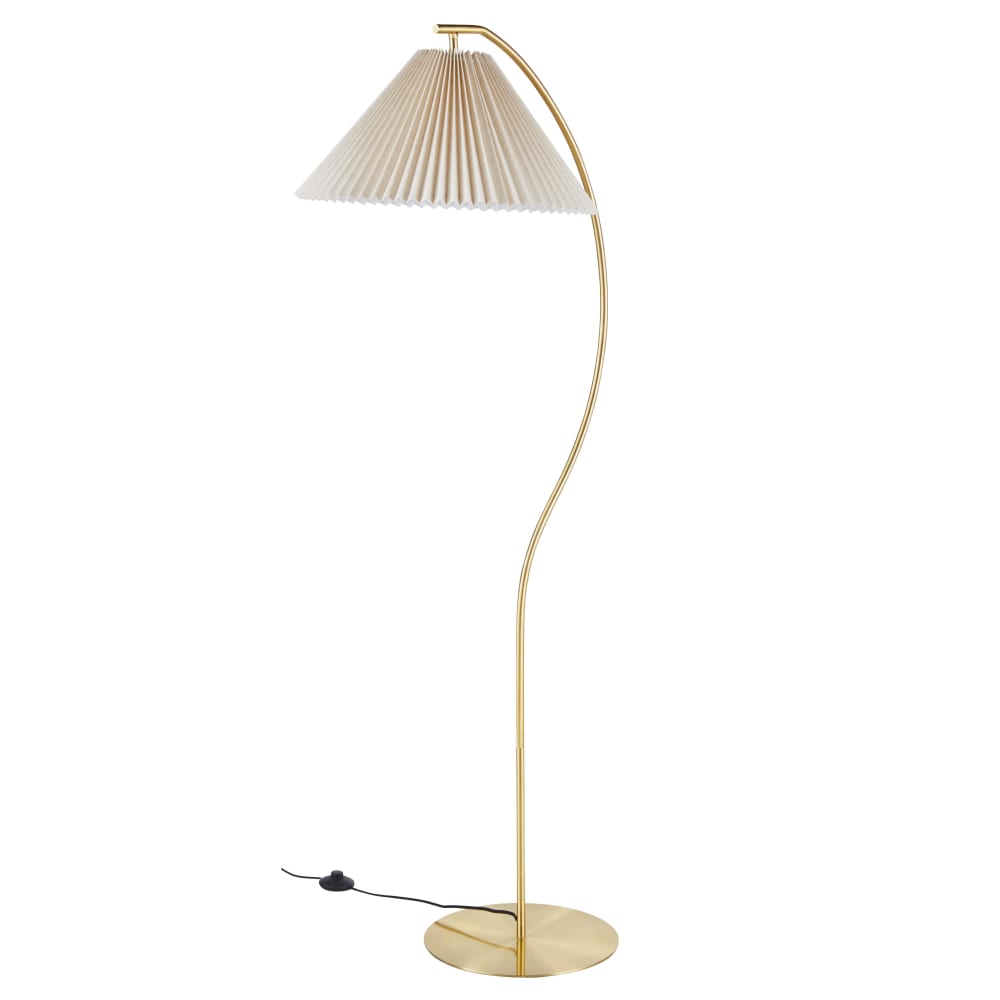 Lampadaire en acier doré et abat-jour beige, H159 cm
