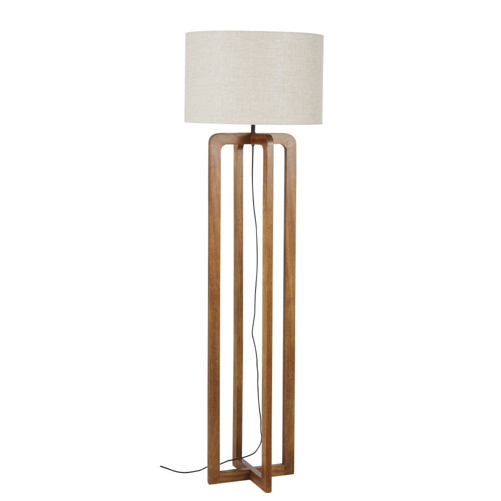 Lampadaire en bois de manguier et abat-jour beige, H166 cm