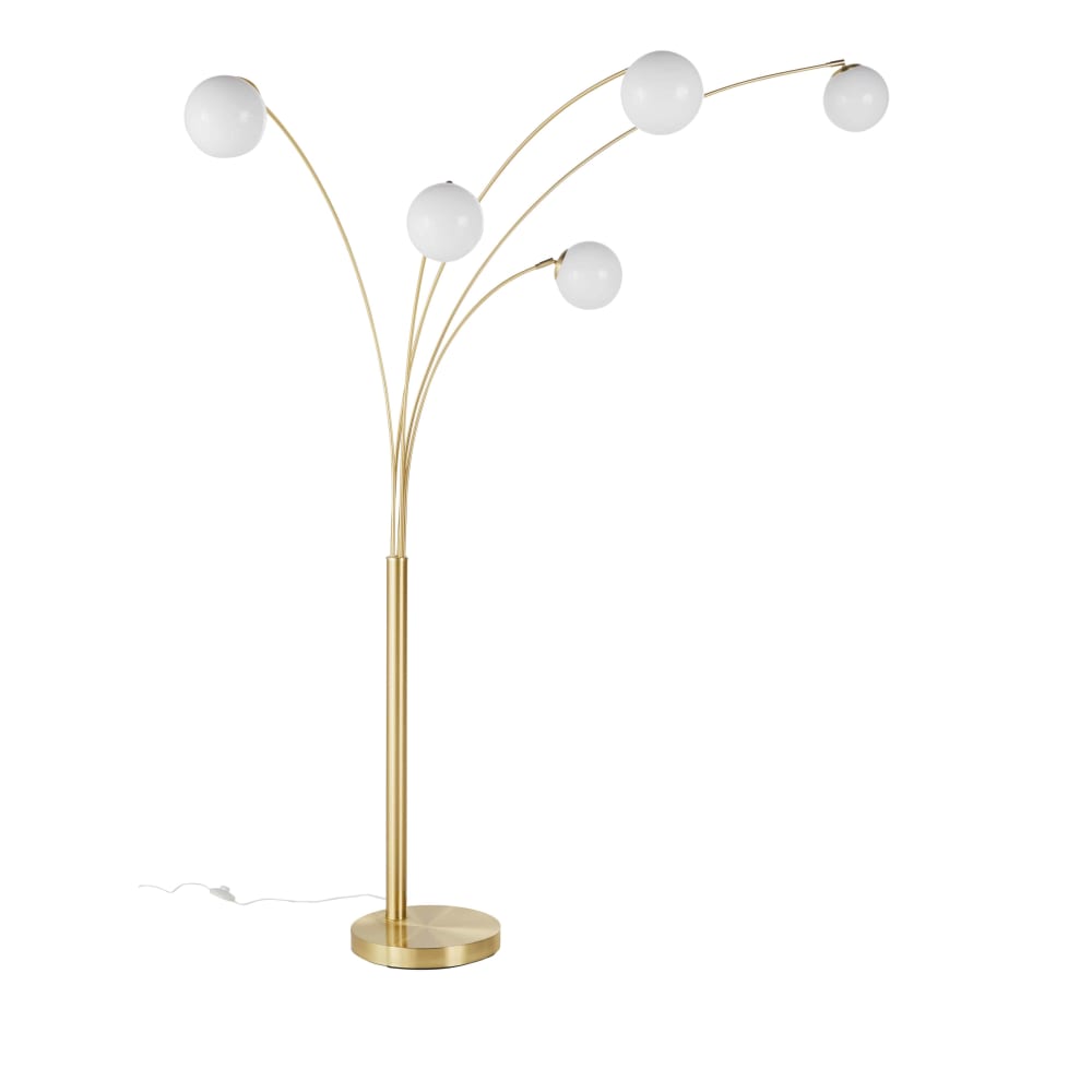Lampadaire en métal doré et 5 globes blancs opaques H202