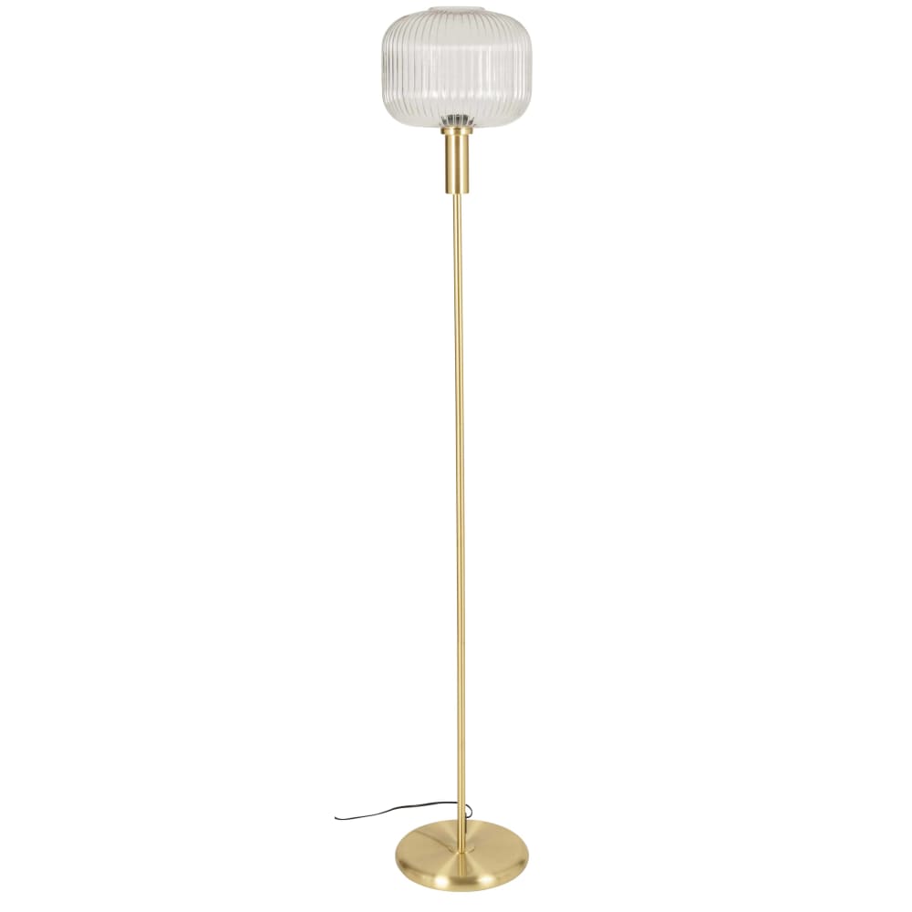 Lampadaire en métal doré et abat-jour en verre strié transparent H155