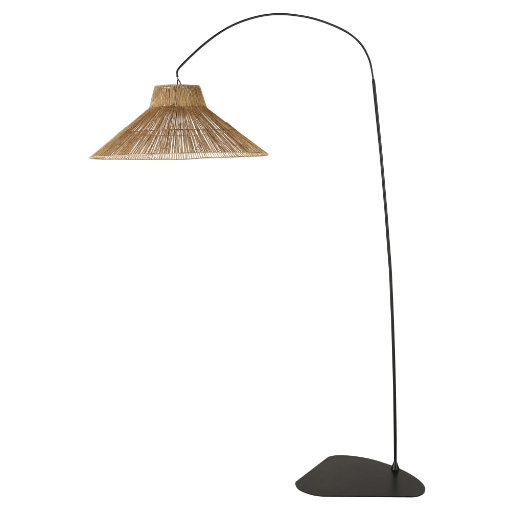 Lampadaire extérieur sans fil et rechargeable en métal noir et abat-jour en jonc de mer H228