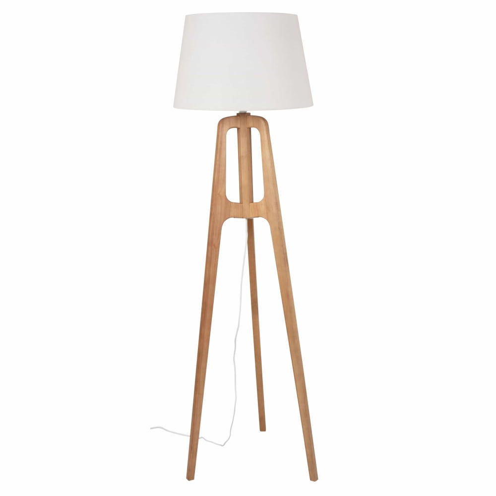 Lampadaire trépied en bois d'hévéa et abat-jour gris, H150 cm Lampadaire trépied en bois d'hévéa et abat-jour gris, H150 cm