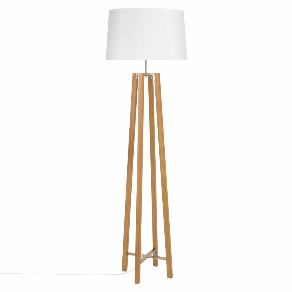 Lampadaire trépied en bois de platane et abat-jour blanc H160