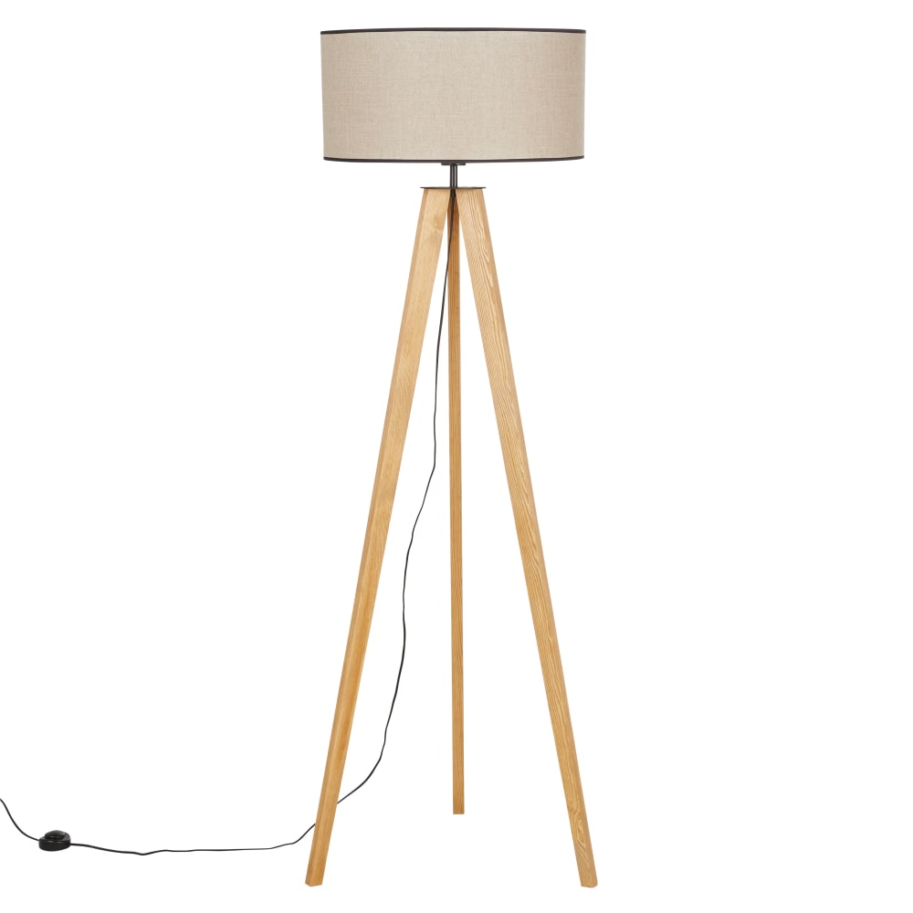 Lampadaire trépied en bois et abat-jour en lin  marron avec liseré noir H163