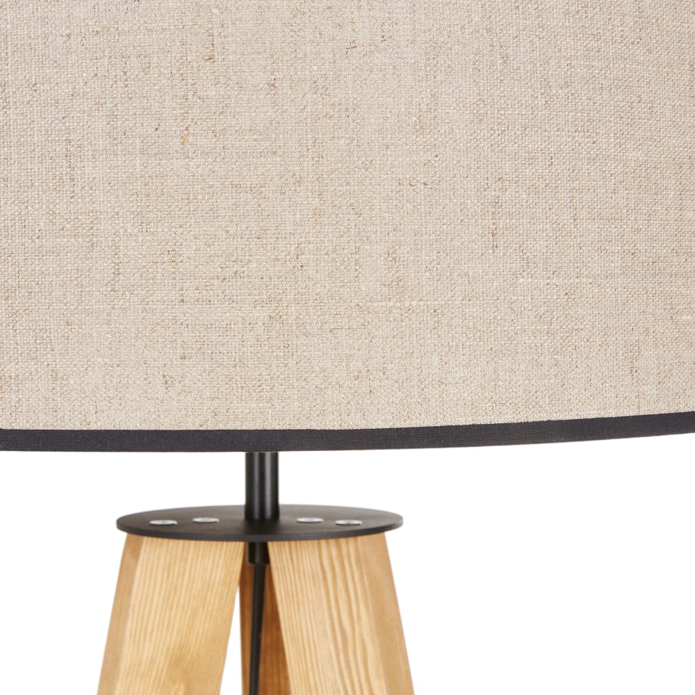 Lampadaire trépied en bois et abat-jour en lin  marron avec liseré noir H163 - Maisons du Monde