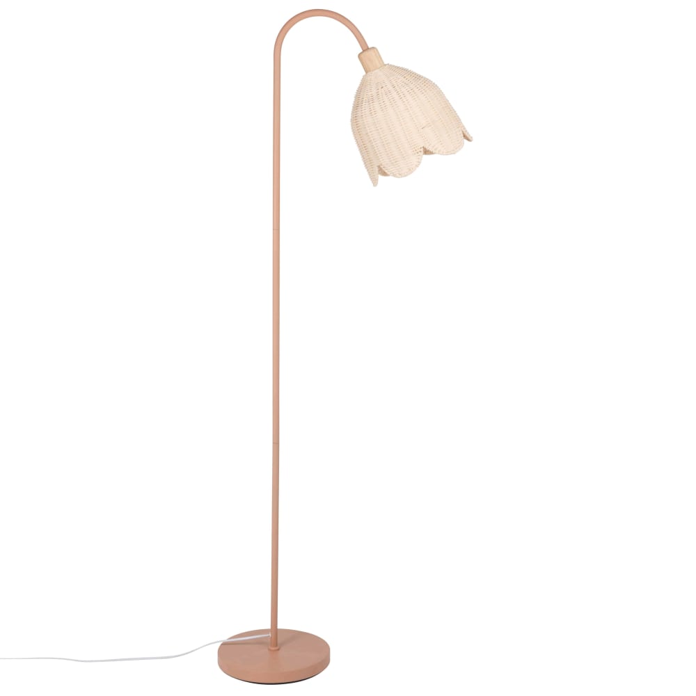Lampadaire tulipe en bois de peuplier et abat-jour en rotin tressé  bicolore H143