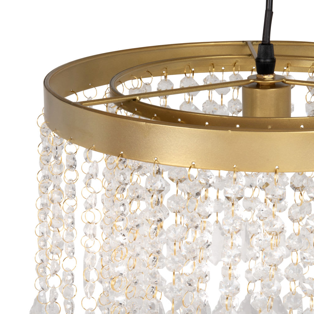 Lampadario in acrilico e acciaio color oro con gocce di cristallo