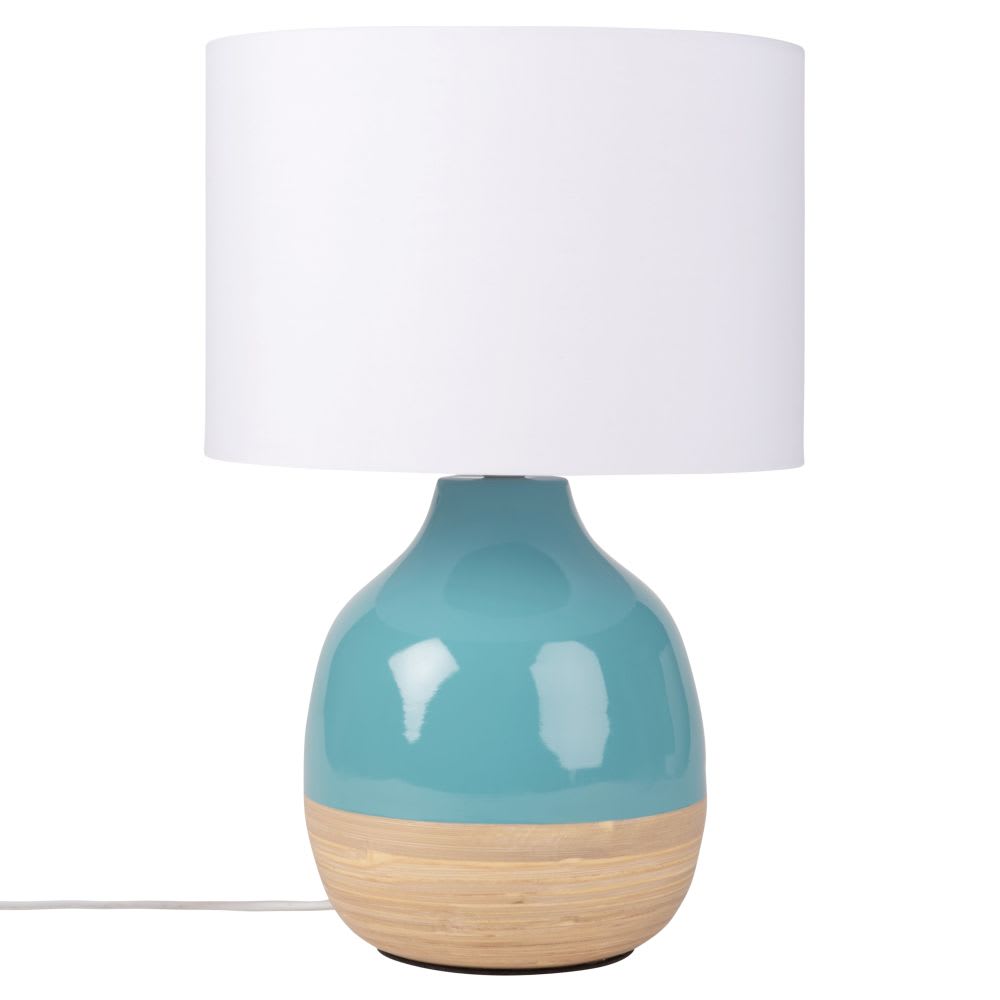 lampara de bambu azul con pantalla de algodon blanco