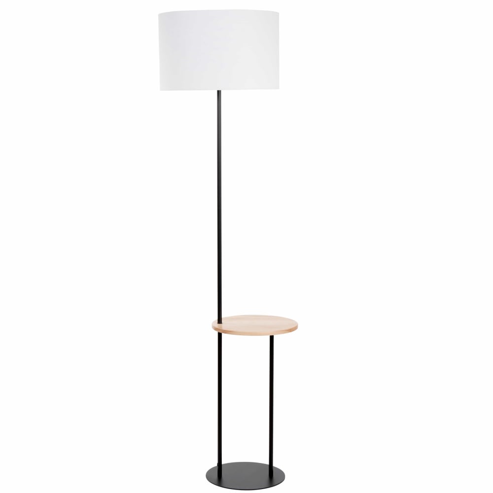 Lámpara de pie de madera de hevea negra con pantalla blanca Alt. 160