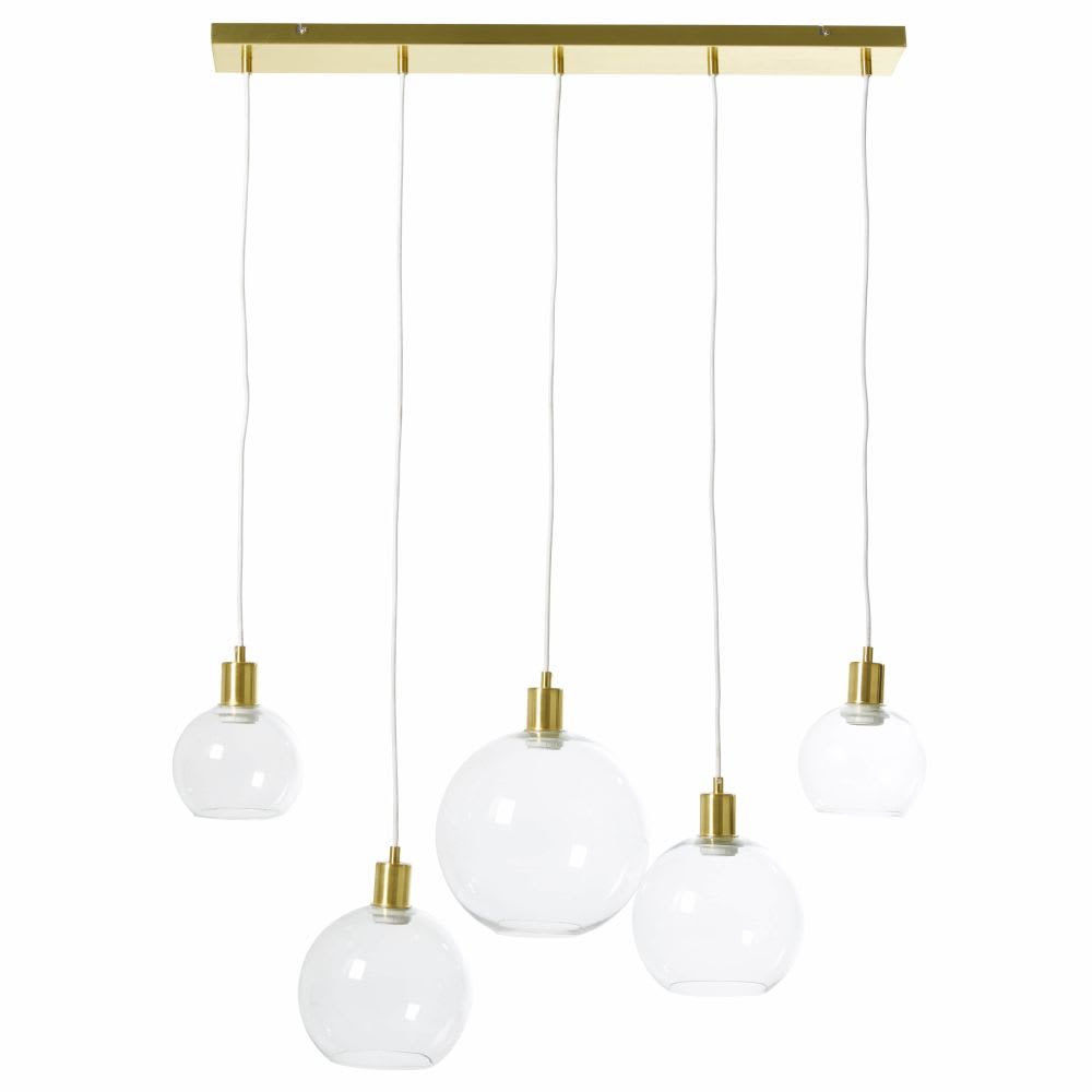 lampara de techo lineal de metal dorado y 5 globos de cristal
