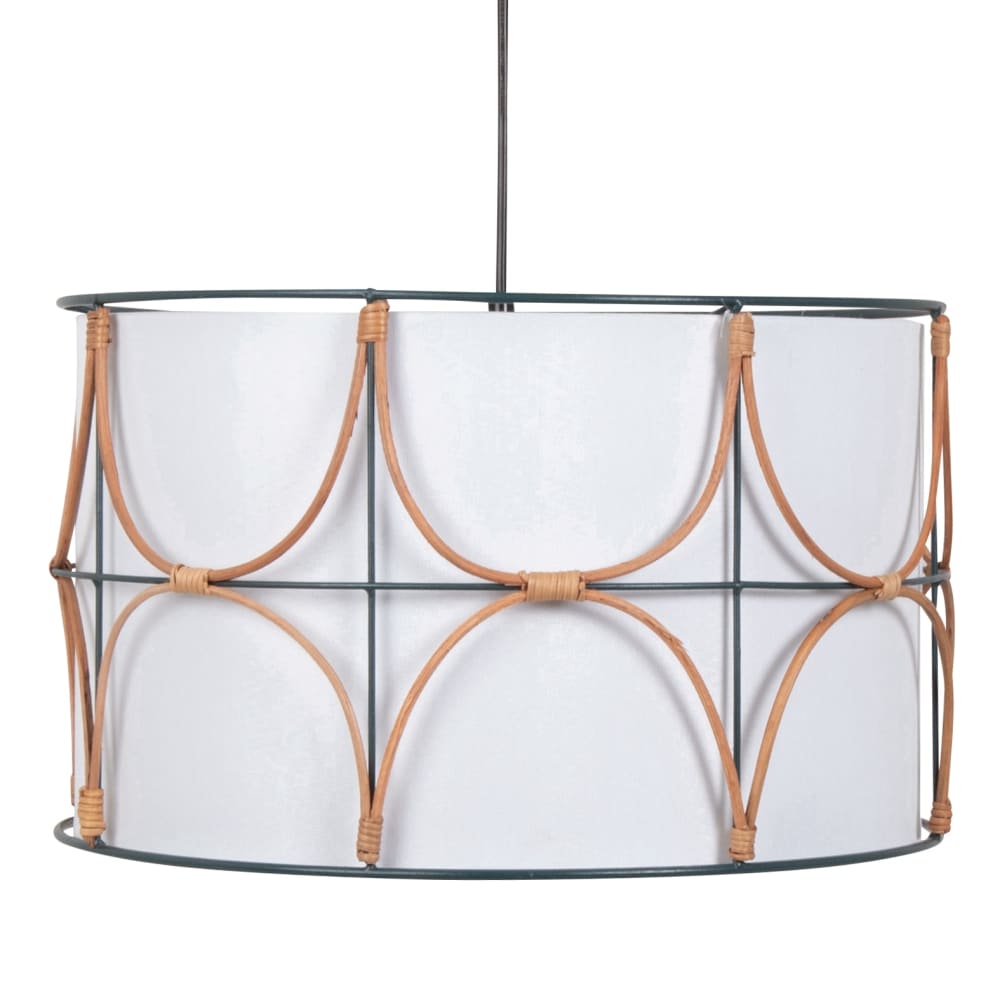 Lámpara de techo tambor de lino beige con borde de metal azul y bambú