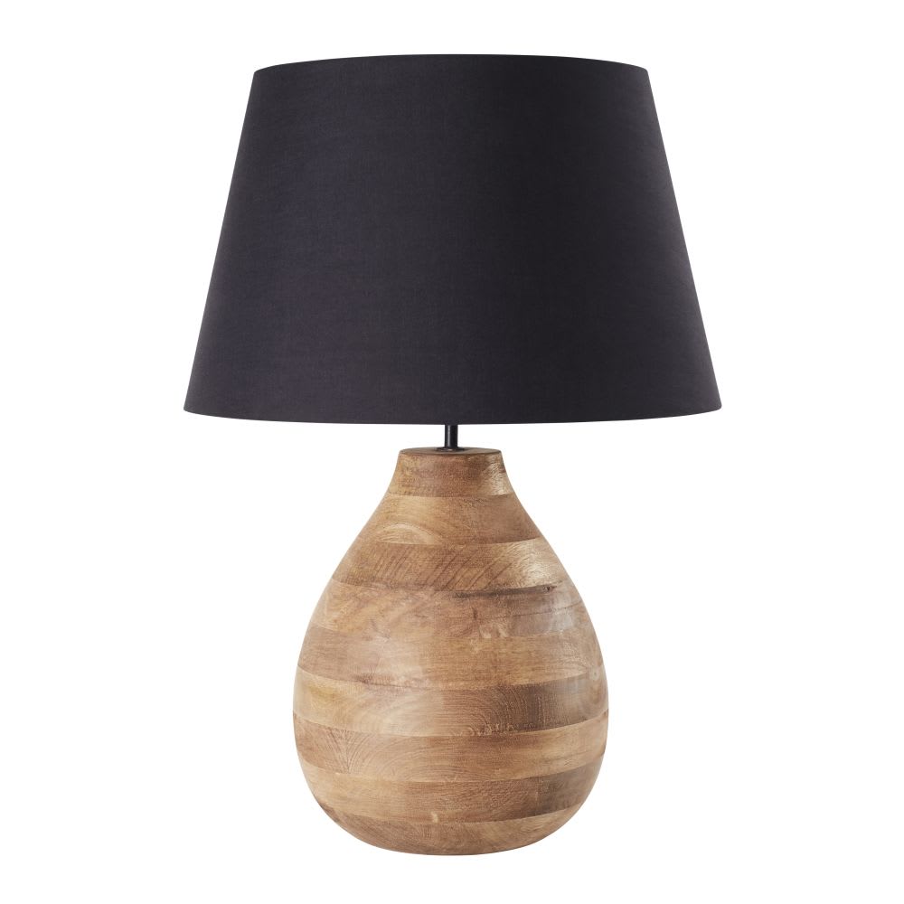 Lampe boule en manguier et abat-jour noir