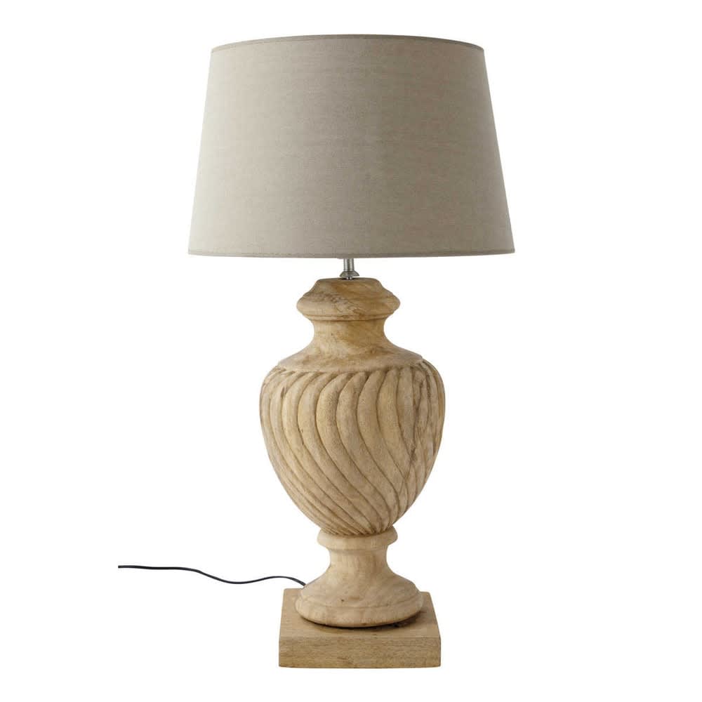 Lampe en bois de manguier et abat-jour coloris lin, H84 cm