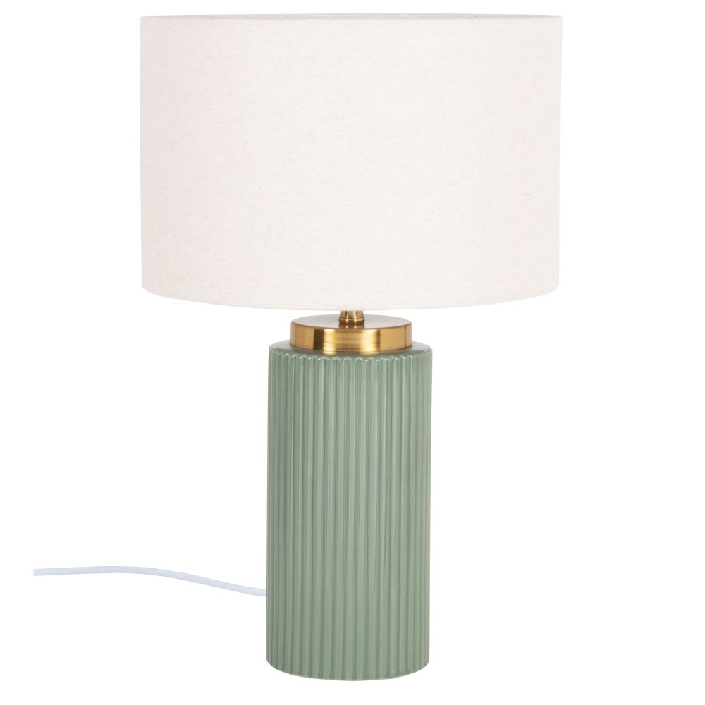 Lampe en céramique striée verte et dorée et abat-jour en polyester recyclé beige crème