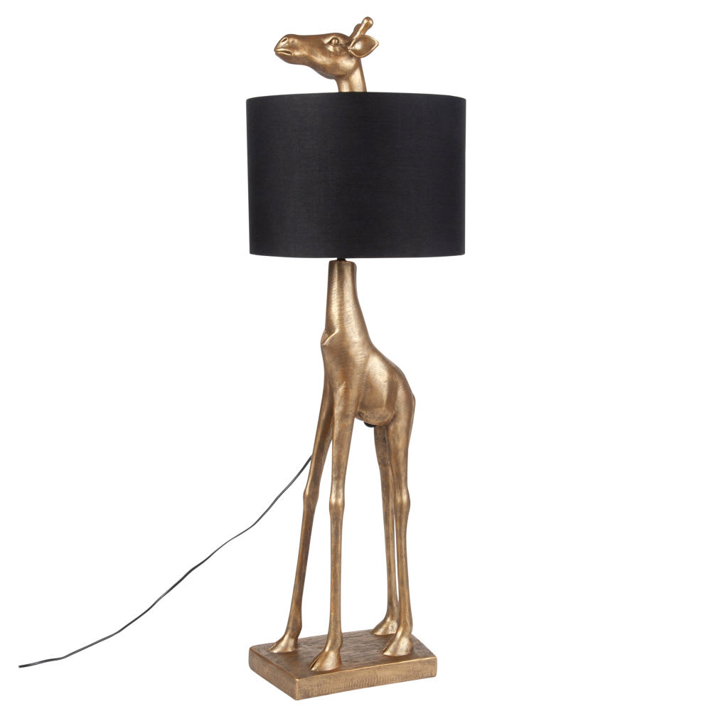 Lampe girafe dorée et abat-jour noir, H88 cm