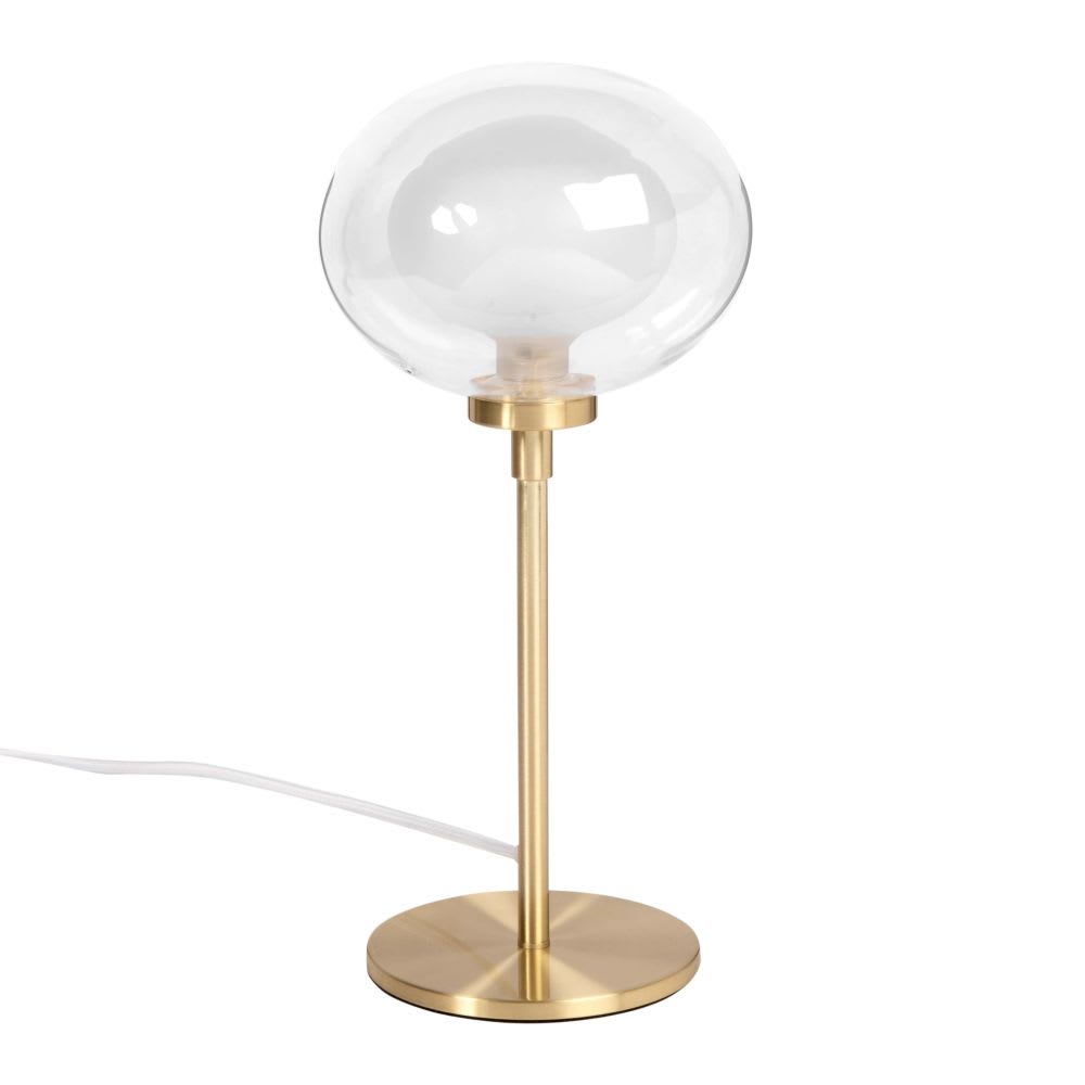 Lampe globe en verre et acier doré, H32 cm