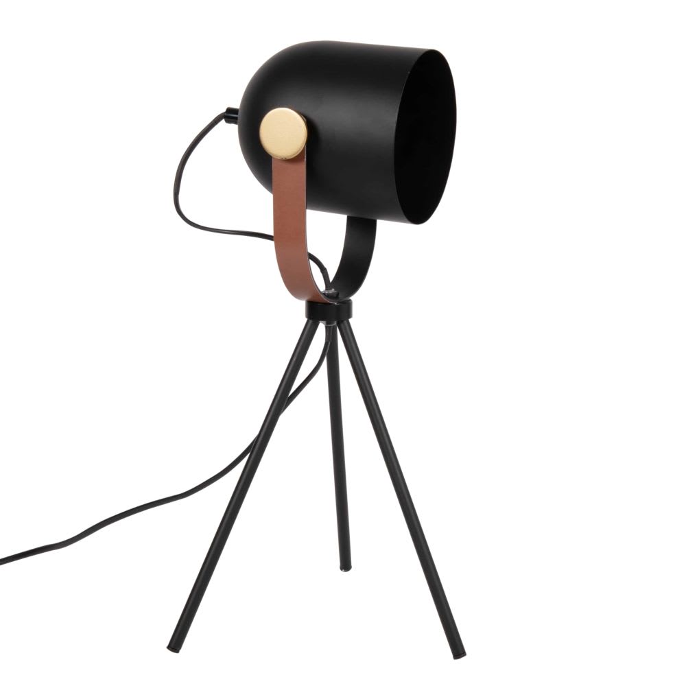 Lampe projecteur trépied en métal noir, doré et marron