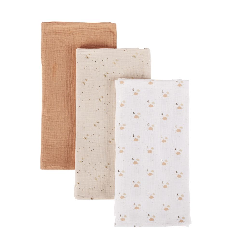 Langes bébé en gaze de coton biologique blanc imprimé, beige rosé et terracotta (x3) (Maisons du Monde) - Image 1