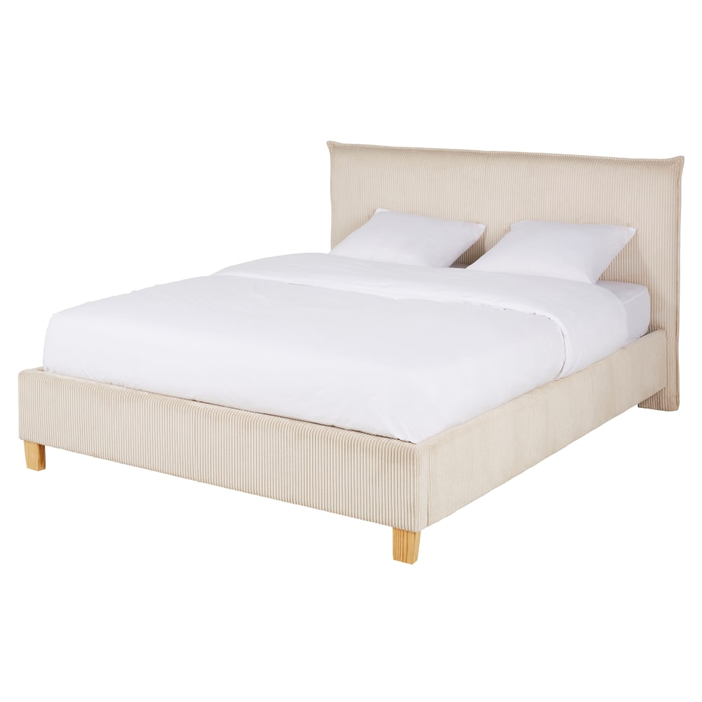Letto contenitore in velluto a coste beige 160x200 cm con rete a