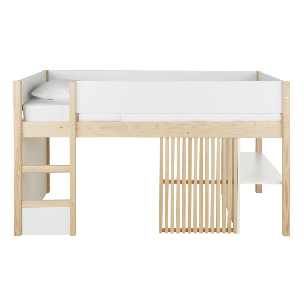 Lit cabane surelevé enfant 90x190 blanc et beige - Maisons du Monde